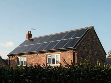Ground-level view looking up at a detached bungalow roofline in a UK village, solar panels visible across the full south-facing pitch, late afternoon light, green garden hedge in foreground