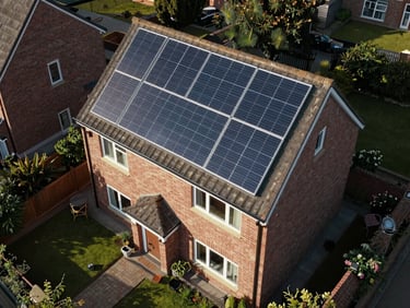 Overhead drone angle of a modern UK detached home with solar panels on a south-facing pitched roof, green garden visible below, soft natural light