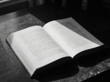 An open antique book on a dark desk, dramatic chiaroscuro lighting, deep shadows, editorial black and white photography, 35mm film grain