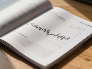 A close-up of a high-end financial journal on a wooden desk, golden sunlight casting soft shadows, focus on clean candlestick charts printed on the page.