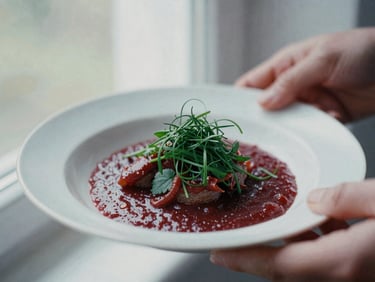 Close-up of hands plating a delicate Scandinavian dish, rich crimson sauce, matte forest green herbs, diffused window light, 35mm film style