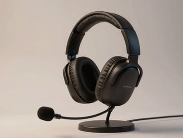 Side-angle studio shot of a gaming headset resting on a minimal stand against a light neutral background, even ambient lighting showing earcup padding and microphone boom detail, no moody atmosphere