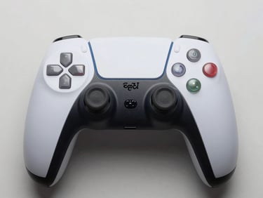 Overhead studio shot of a gaming controller placed flat on a neutral surface, clinical even lighting showing face buttons and grip texture in full detail, no background distractions