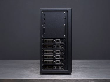 Front-angle studio shot of a full-tower workstation PC on a steel-gray surface under flat ambient lighting, showing front panel connectors and drive bays, charcoal background
