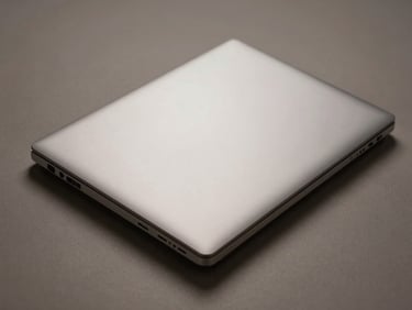 Overhead studio shot of a slim business laptop closed on a neutral surface, even shadowless lighting showing aluminum lid texture and build quality