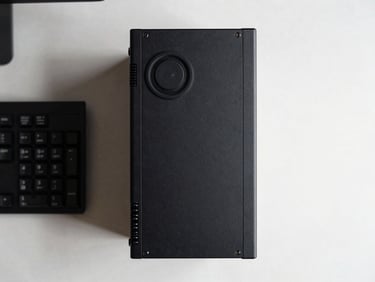 Top-down overhead shot of a small form factor desktop PC next to a keyboard on a clean desk surface, even shadowless lighting, showing compact chassis dimensions clearly