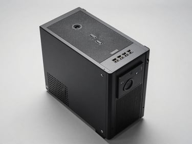 Overhead studio shot of a compact mid-tower desktop PC on a flat neutral surface, even white lighting, no shadows, showing top panel mesh and I/O ports clearly