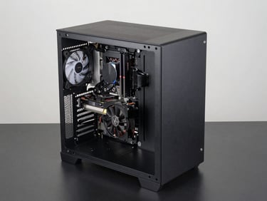 Overhead studio shot of a tower desktop computer on a clean charcoal surface, side panel open revealing internal components — CPU cooler, RAM sticks, and GPU clearly visible — even shadowless lighting from above, neutral background, product dimensions fully in frame