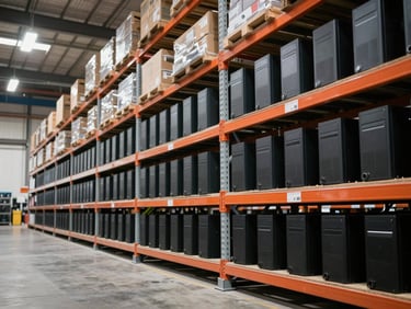 Wide environmental shot of organized warehouse shelving rows stocked with boxed desktop computers and components, bright even overhead warehouse lighting, neutral concrete floor visible, shot from a low angle looking down the aisle