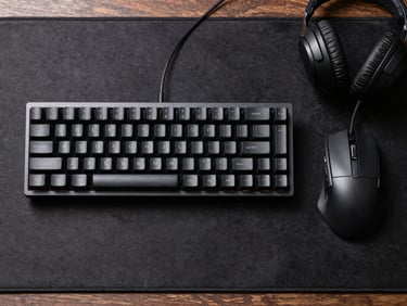 Flat-lay overhead of a mechanical keyboard, gaming mouse, and wired headset arranged on a dark charcoal desk mat, even bright studio lighting, product-focused composition showing build quality and cable detail