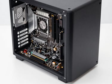 Close-up overhead shot of a desktop computer tower on a clean white surface, side panel removed to show internal components—motherboard, GPU, RAM sticks—under even studio lighting, no shadows
