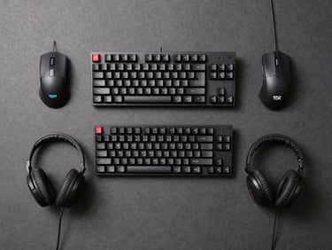 Overhead flat-lay of gaming peripherals arranged on a neutral charcoal surface — mechanical keyboard, precision mouse, and wired headset laid out with spacing, product labels facing up, even shadowless studio lighting, full items in frame showing scale