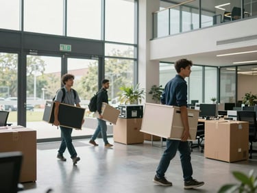 Movers carefully carrying office desks and equipment through a glass-fronted office building lobby, organized packing materials visible, natural daylight from floor-to-ceiling windows