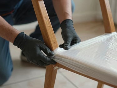 Close-up of a mover's gloved hands carefully wrapping a wooden chair leg with protective stretch film, natural indoor light, tiled floor visible below
