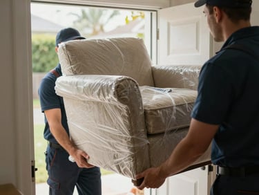 Close-up of two movers in uniform carefully carrying a wrapped armchair through a residential doorway, natural daylight, focus on secure grip and protective blanket
