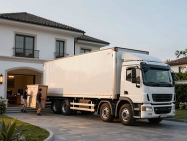 Wide shot of a large moving truck parked in a villa driveway, movers unloading bulky furniture items through the main entrance, golden hour light, white rendered villa facade in background