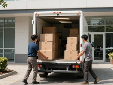 Wide shot of a moving crew loading neatly stacked brown cardboard boxes into the organized interior of a white moving truck parked at an office building entrance, midday daylight