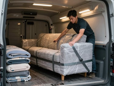 Mover carefully securing a large wrapped sofa with industrial straps inside a clean truck interior, organized blankets stacked beside it, warm interior light