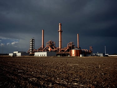 Wide environmental shot of a barren, depleted agricultural field under a stormy, high-voltage sky, dark industrial photography, dramatic lighting, 35mm film