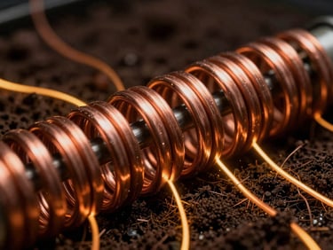 Close-up of precisely wound copper coils within a soil matrix, glowing amber vector lines against a dark background, high-contrast studio lighting, macro lens, 35mm film