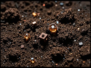 Macro shot of crystalline soil structure with amber light accents, dark industrial photography, high-contrast, 35mm film.