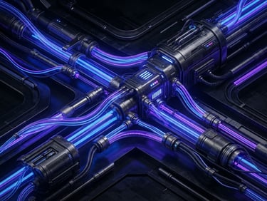 Sleek isometric 3D render of a dark metallic data pipeline with glowing cobalt blue lines, macro close-up, high-contrast studio lighting