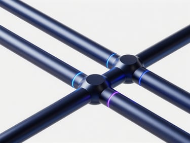 Sleek 3D render of glowing cobalt data pipelines intersecting dark metallic nodes, crisp studio lighting, isometric perspective