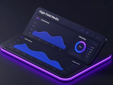 Sleek dark-mode dashboard mockup showing high-yield media performance metrics and closed-loop attribution charts, neon violet edge-lights