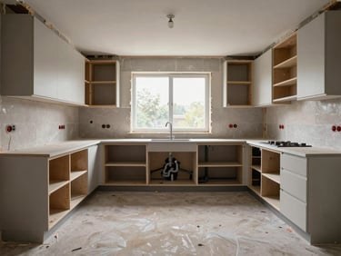 Wide shot of a kitchen rough-in mid-renovation: new cabinetry frames in place, pipework and electrical conduit exposed, overcast daylight through an open window, no workers present