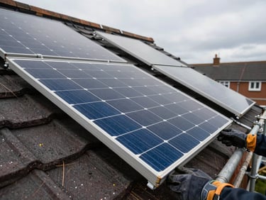 Solar PV panels mid-installation on a UK residential roof, one panel being positioned by gloved hands, overcast daylight, scaffolding visible at the frame edge, technical precision framing