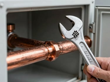 Close-up of a copper pipe joint being secured with a wrench, open boiler cabinet visible in background, studio strobe lighting for technical clarity, no people visible above the wrist