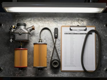 Overhead flat-lay of diesel maintenance items on a metal workbench — oil filter, fuel filter, timing belt, and a maintenance checklist on paper, tungsten light from above