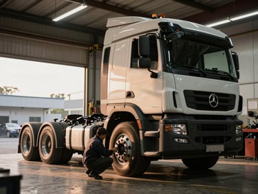 Wide shot of diesel truck parked inside workshop bay, mechanic crouching beside the front wheel examining the undercarriage, tungsten overhead lights casting warm shadows