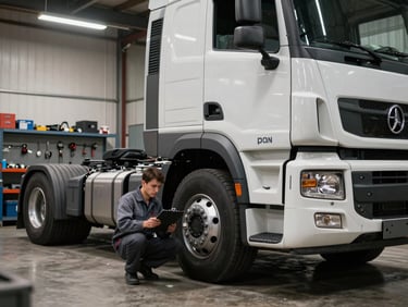 Wide shot of a diesel truck cab parked inside a workshop bay, mechanic crouching beside the front wheel arch with a clipboard, tungsten overhead lights illuminating the concrete floor and engine bay, tools and parts organized on a metal shelf in the background