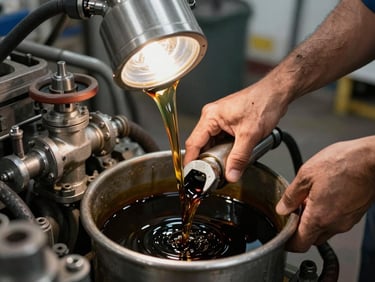 Mechanic's hands draining dark diesel engine oil into a drain pan, wrench resting on valve cover, tungsten overhead light
