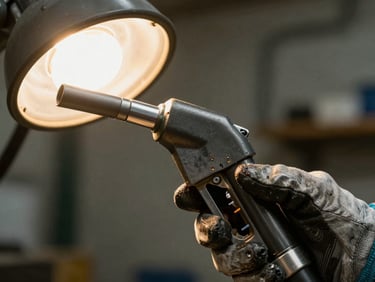 Close-up of a diesel injector nozzle held in a mechanic's gloved hand under warm tungsten shop light, fuel residue visible on metal surface