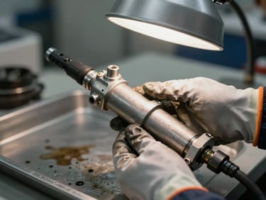 Close-up of a diesel common-rail injector being held by gloved hands under a workbench lamp, fuel stains on a steel tray below, shallow depth of field