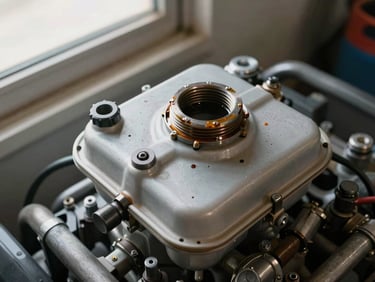 Overhead view of diesel engine coolant reservoir being opened with a wrench on a workshop floor, coolant residue visible around the cap threads, natural side window light