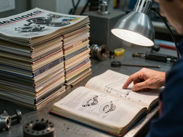 Stack of diesel parts catalogs and a worn technical manual open on a workshop bench, a mechanic's hand pointing to a diagram under tungsten lamp light
