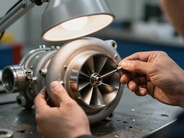 Close-up of a diesel turbocharger turbine blade being inspected by grease-stained hands under a hanging tungsten work lamp, metal shavings visible on the bench