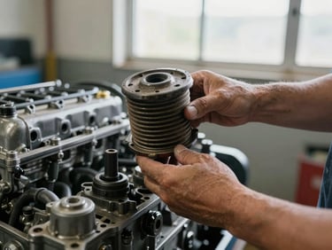 Mechanic's hands removing an oil filter from a heavy-duty diesel engine, shop interior background with natural window light, filter housing visibly worn