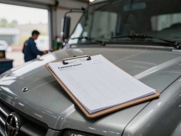 Checklist on a clipboard resting on a diesel truck hood in a workshop bay, mechanic in background, natural window light mixing with tungsten overhead