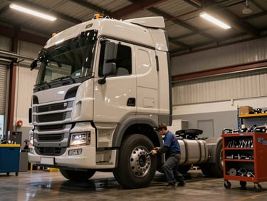 Wide shop interior angle showing a heavy truck cab tilted forward on a lift, mechanic working on the engine bay below, warm tungsten overhead lighting, tools arranged on a rolling cart nearby