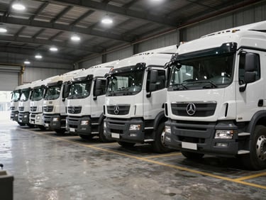 Fleet of commercial trucks parked in a row inside a large workshop bay, ceiling-mounted tungsten lights illuminating painted concrete floor, wide environmental shot