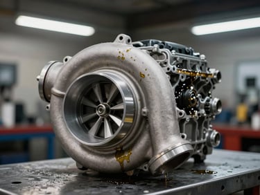 Diesel turbocharger removed from engine resting on a steel workbench, compressor wheel visible, overhead shop lighting, oil residue on housing