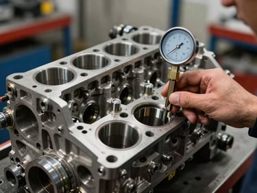 Diesel engine block with head removed, cylinder bore visible, mechanic's hand with bore gauge measuring wall clearance under shop tungsten light