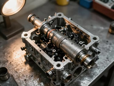 Close-up overhead shot of a diesel fuel injector removed from engine block, resting on a steel workbench under warm tungsten shop light, grease and metal texture visible