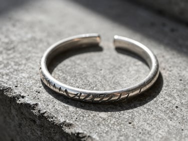 High-contrast macro shot of a raw silver bracelet with deep tool marks on a weathered hand, harsh directional sunlight, deep shadows, concrete background.