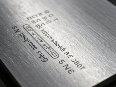 Extreme close-up of screen-printed industrial aluminum plate with engraved technical specifications, high-contrast shadows