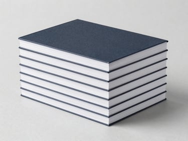Stacked corporate registers with dark covers showing clean paper edges, neutral light gray background, crisp details, studio lighting.